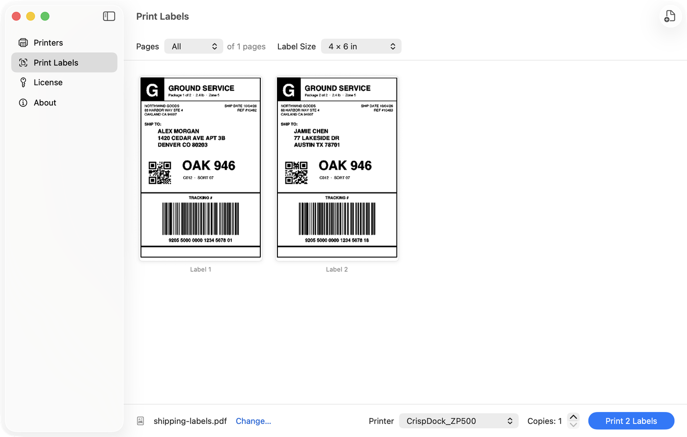 The CrispDock app previewing two labels cut from one letter sheet